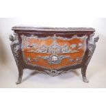 A tulipwood and brass mounted bombe shaped commode of two drawers with inset marble top, 46" x 23" x