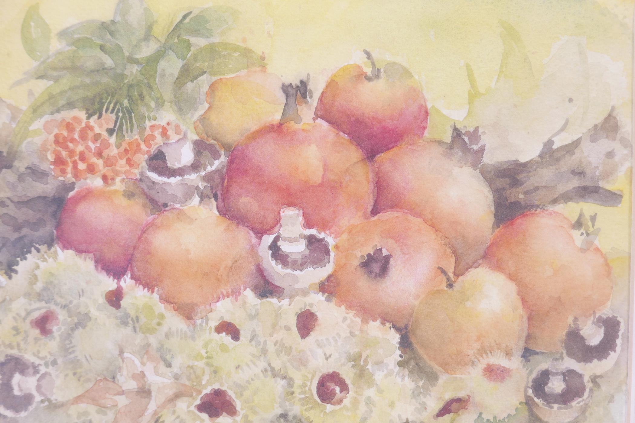 A.E. Hance, watercolour, still life with pomegranates, signed, 14" x 10"