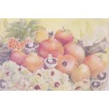 A.E. Hance, watercolour, still life with pomegranates, signed, 14" x 10"