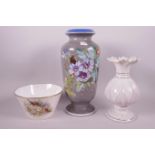 A C19th Continental porcelain vase, hand painted with flowers, 11" high, a Belleek onion shaped