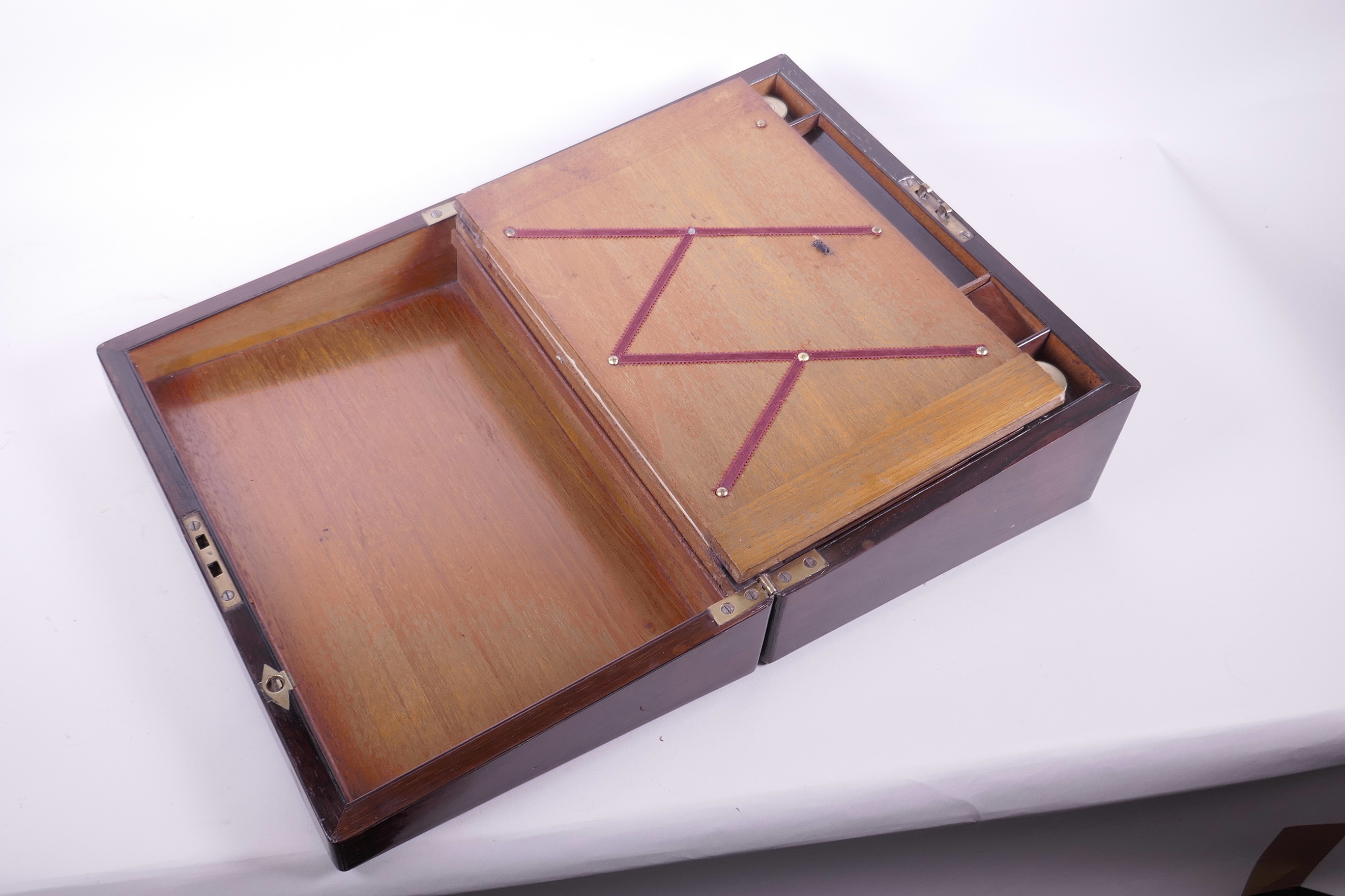 A C19th rosewood writing slope, with mother of pearl plaque to lid, the fitted interior with two - Image 4 of 7