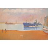 Libero Monetti, oil on millboard, boats in a harbour, label with details verso, circa 1912,