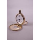 A Waltham 14ct gold plated double half hunter pocket watch, the enamel dial with a smaller