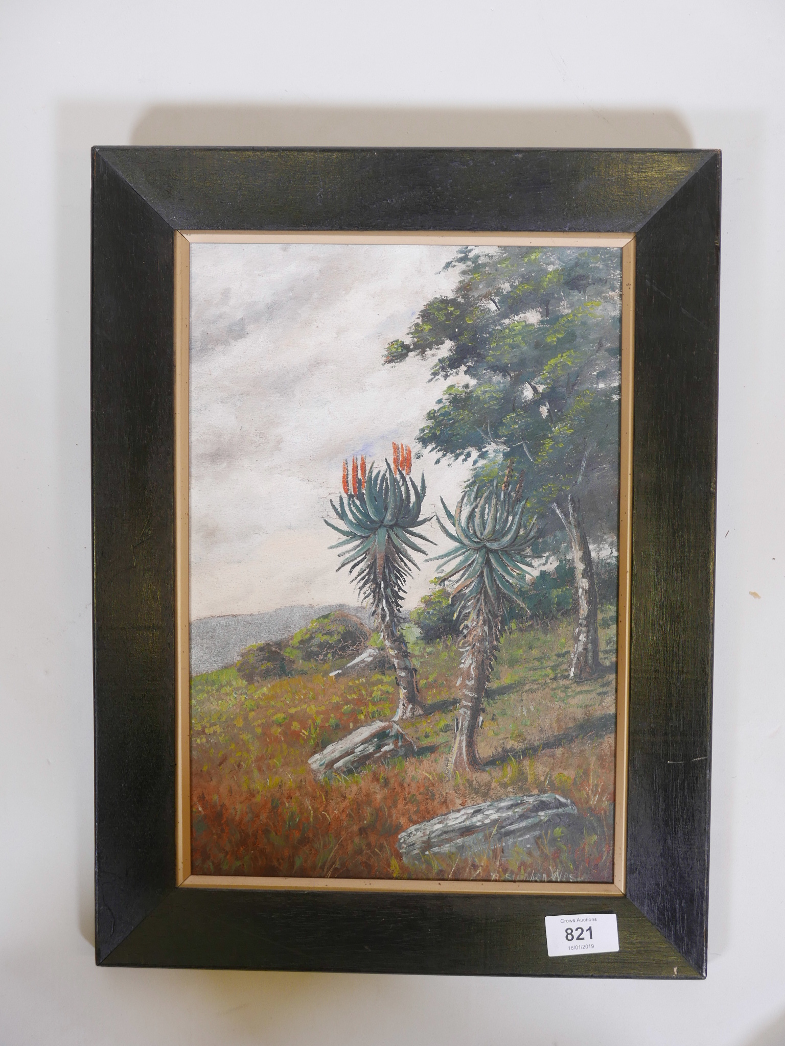 An oil on millboard, palm trees in bloom, signed R. Stephen West, early C20th, 14" x 10" - Image 2 of 3