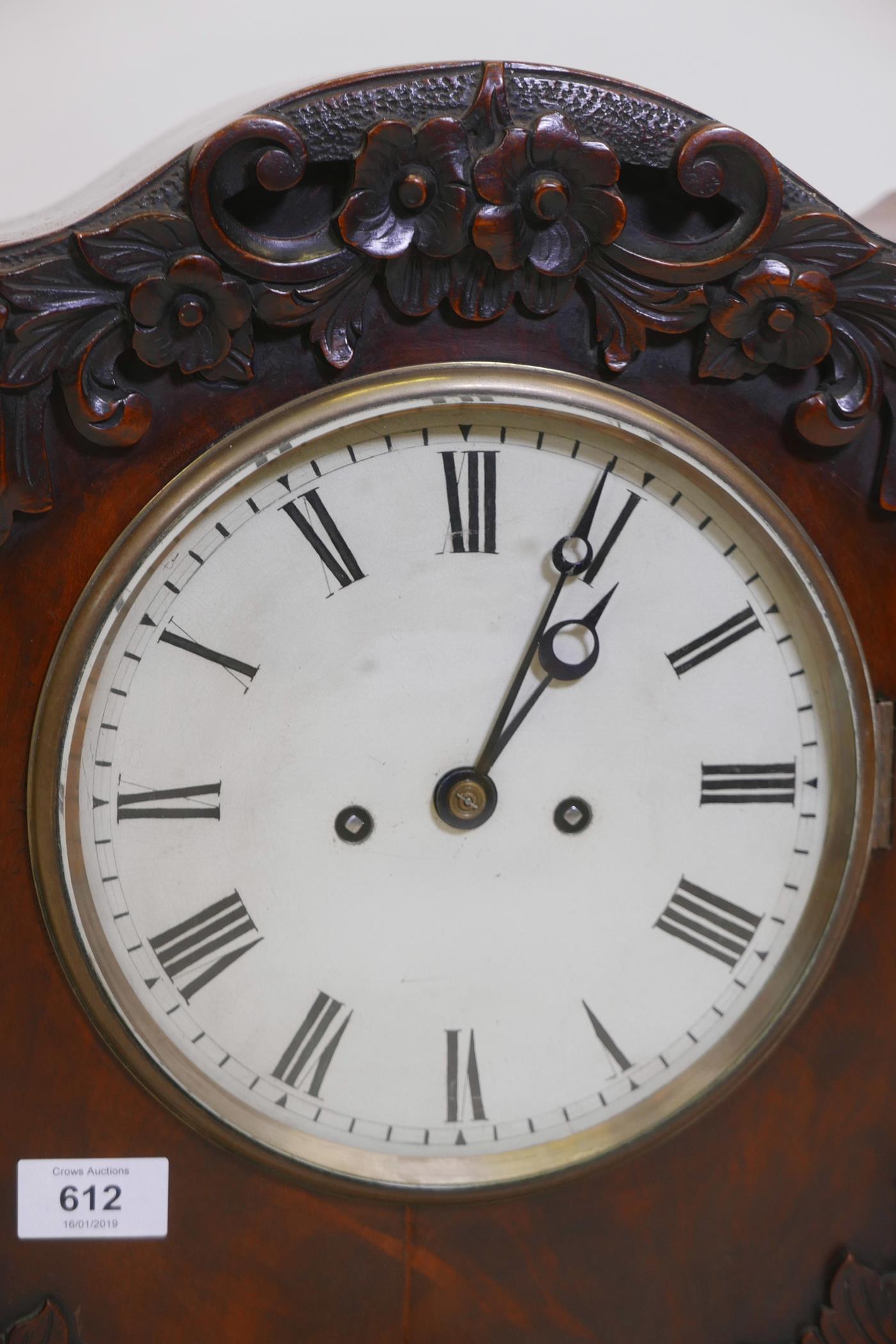 A C19th bracket clock, with carved figured mahogany case, the enamel dial with Roman numerals and - Image 2 of 5