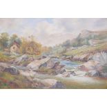 A C19th oil on canvas, rural landscape with a fisherman by a rocky stream, 36" x 24"