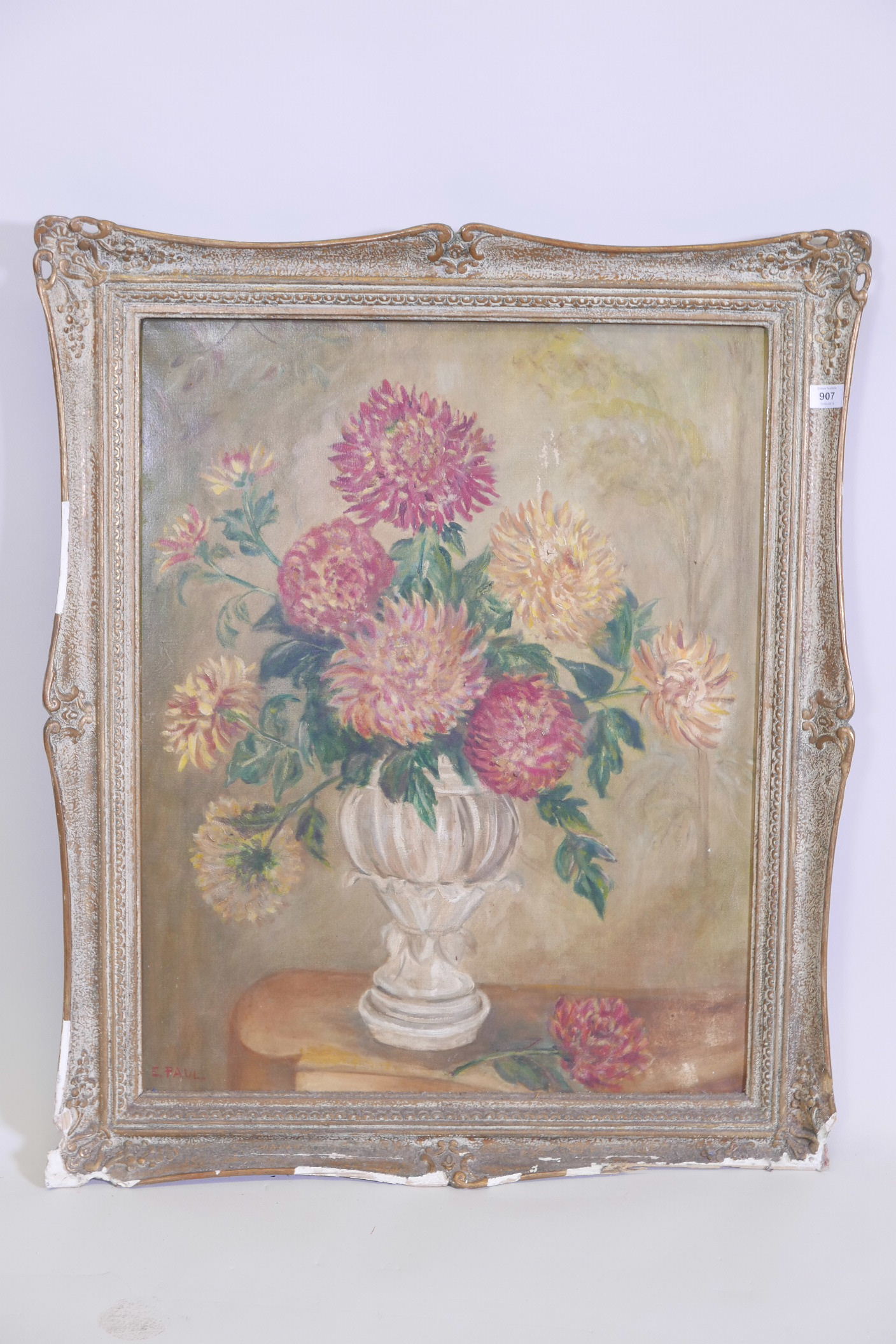 C. Paul, still life, vase of chysanthemums, signed, 30" x 24" - Image 2 of 3