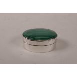 A white metal pill box, with malachite set lid, 2" x 1½"