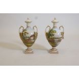 A pair of C19th style porcelain urns and covers decorated with Continental landscapes and gilt