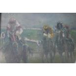 A pastel on art board of racehorses