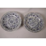 Two Chinese blue and white porcelain shallow bowls, with dragon and scrolling flower decoration, 8½"