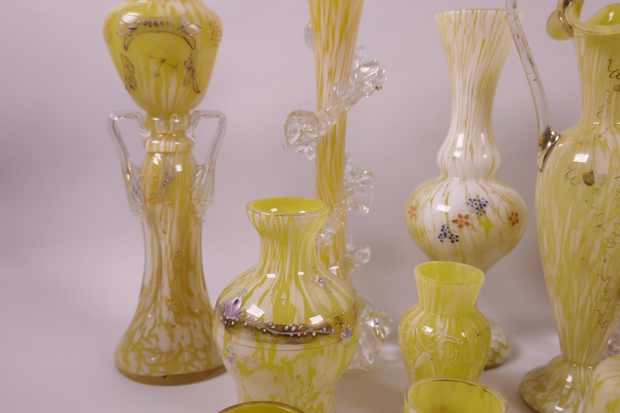 A collection of decorative yellow glass vases, many with enamelled decoration in the Beykoz - Image 2 of 3