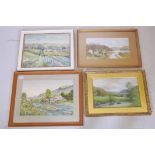 Four watercolour rural landscapes with distant dwellings by streams, 19½" x 13", various artists