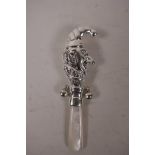 A novelty sterling silver baby's rattle in the form of Mr Punch with a mother of pearl handle, 4"