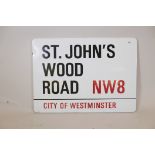 A City of Westminster enamelled London street sign, St John's Wood Road, NW8, 23" x 32"