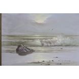 K. Hendrick, oil on canvas, waves breaking on a seashore, signed, 24" x 20"