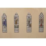 A set of four ink and watercolour drawings, studies of stained glass windows, each study 1½" x 6½"