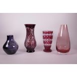 A cut ruby glass vase and three other coloured glass vases, largest 10½" high