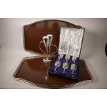 Two large catering trays with silver plated gallery rims, 26½" x 16½", together with a boxed set