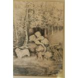 Lizzie Beebe, pen and ink, children by a stream and another by the same hand, woodland scene, both