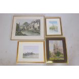 Four watercolours of stately homes, cathedrals and ruins, various artists including K.S. Kirk, Brian