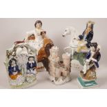 Four Staffordshire flat back figures, Tom King on his horse, 9" high, a lady reclining on a chaise