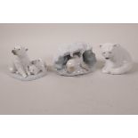 A Lladro porcelain figurine of a seal in an ice cave, 'A Snowy Heaven', 5" wide, together with two