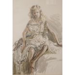 A watercolour and pencil portrait of a seated lady, signed Methuen, 11" x 17½"