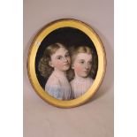 C19th pastel, portrait of two girls, A/F, 21" x 18"
