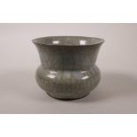 A Chinese celadon crackle glazed Song style pot, 4½" diameter, A/F