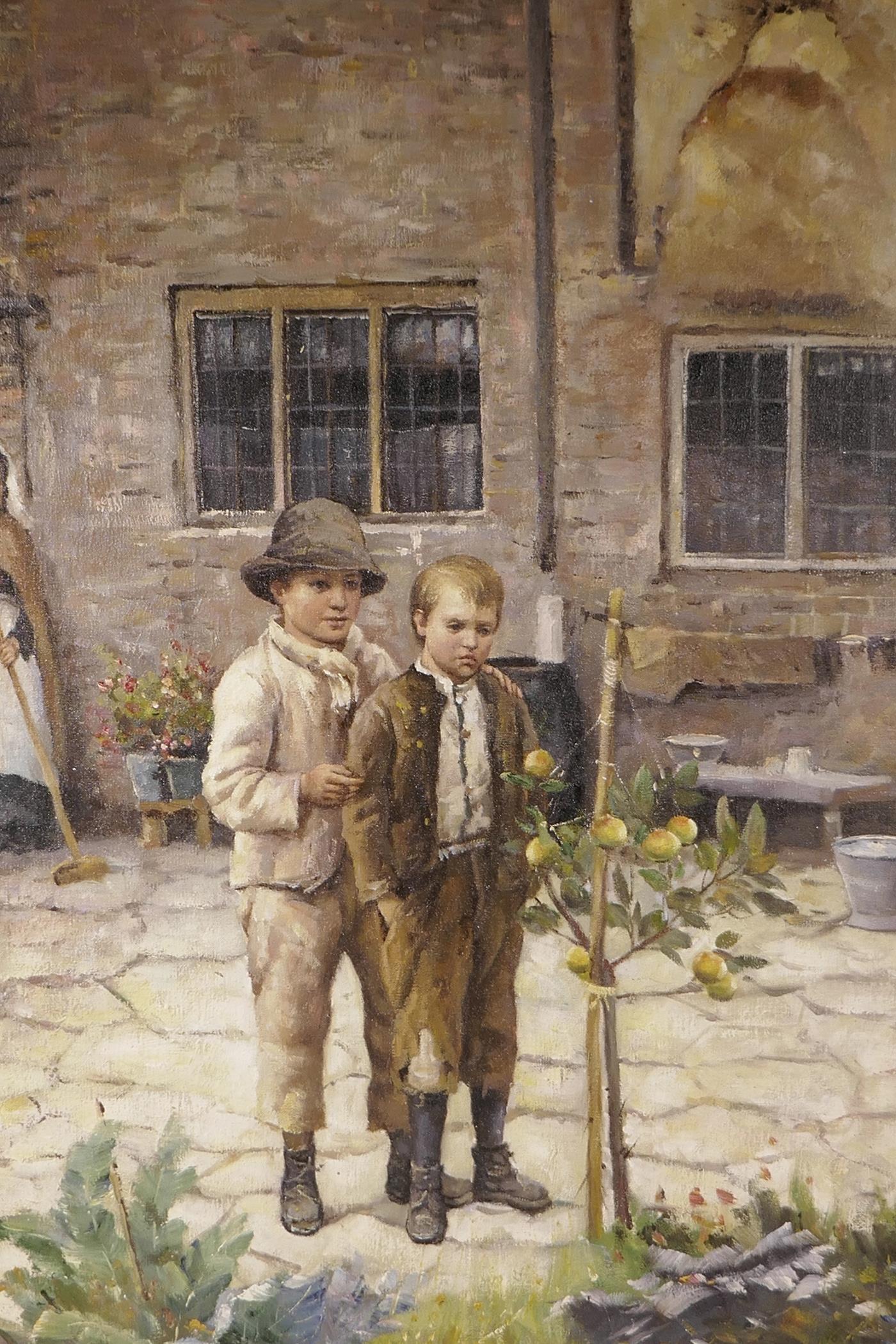 In the manner of Harold Harvey, Newlyn School, oil on board, boys in a farm yard, 20" x 30"