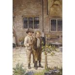 In the manner of Harold Harvey, Newlyn School, oil on board, boys in a farm yard, 20" x 30"