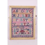A C19th wool sampler, signed Sarah Booth Woodhaus, age 12, dated 1892, 12" x 16"