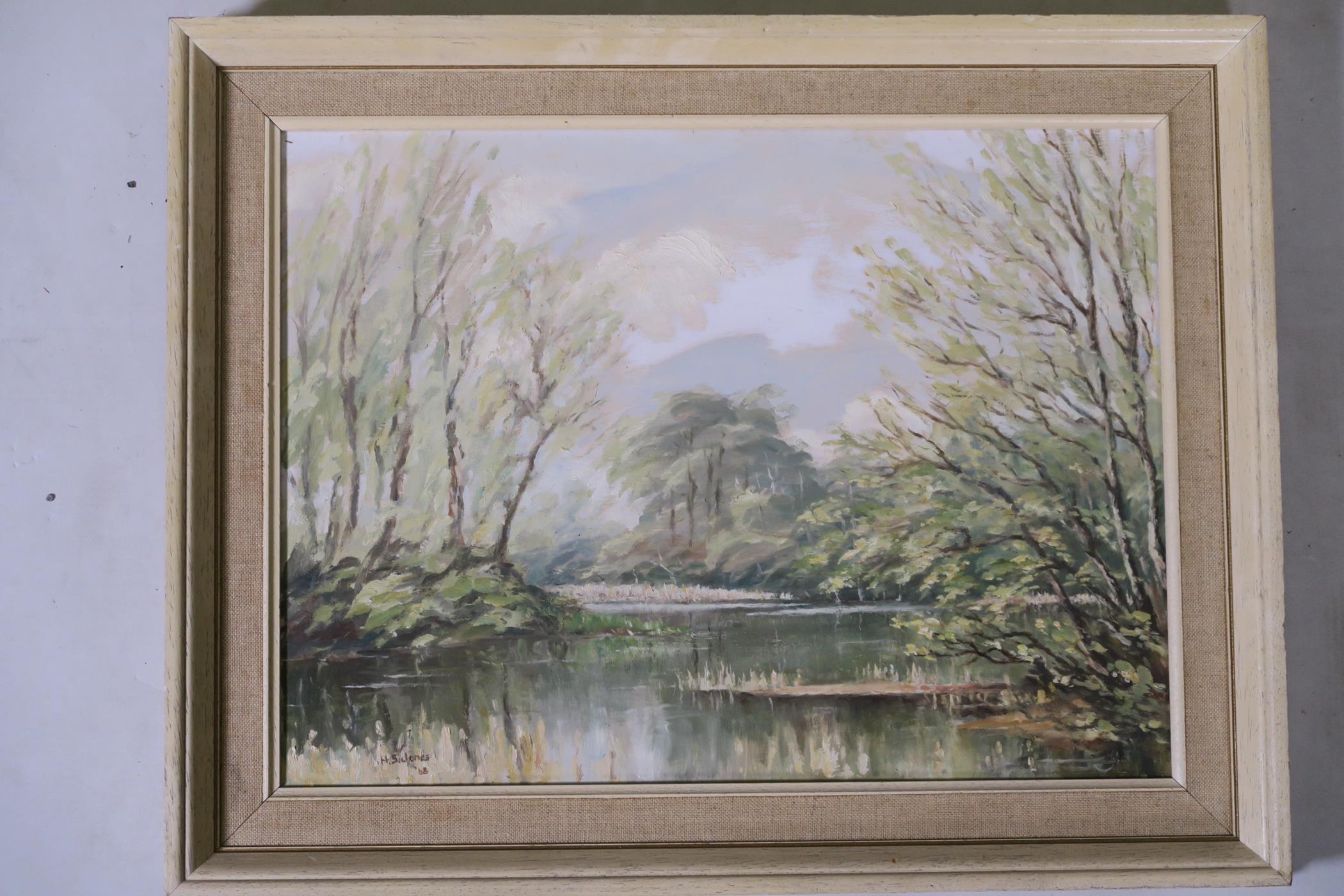 H.S. Jones, April on Black Down, Surrey, oil on board, signed, 16" x 12", dated 1967, and two others - Image 2 of 6