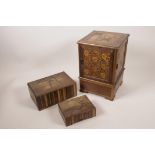 A Japanese Meiji period marquetry inlaid cigarette/cigar box, 9¾" high x 6½" square, and two