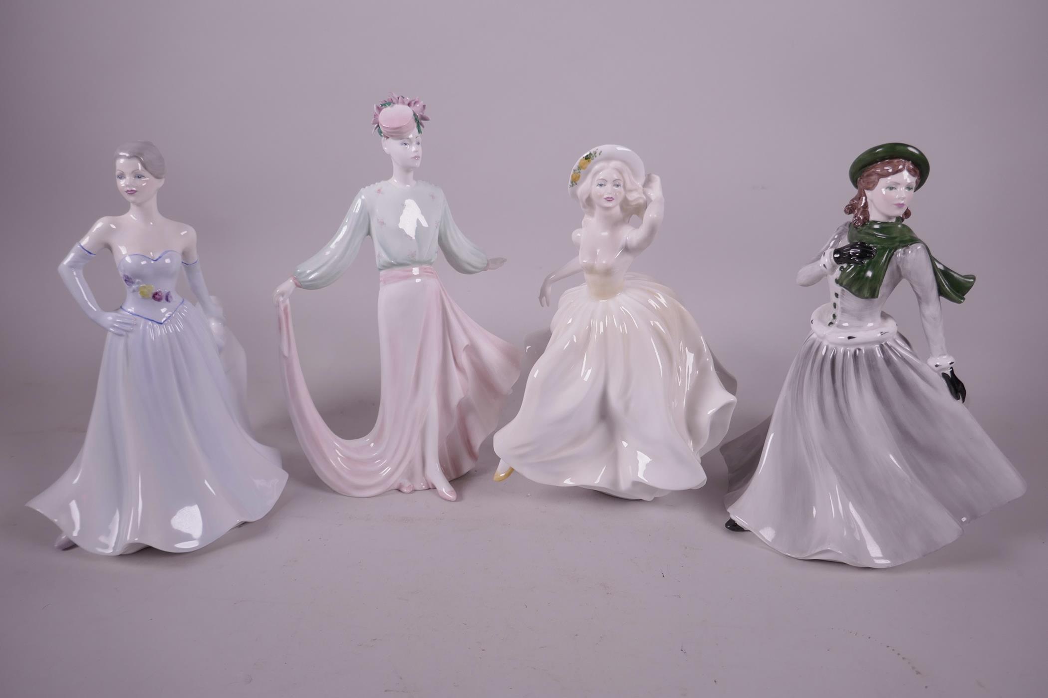 Three Coalport 'Ladies of Fashion' figurines, 'Winter Stroll', 'Linda', 'Honor', and a Coalport