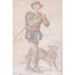 A C19th naive watercolour, woodsman accompanied by his dog, 8½" x 12"