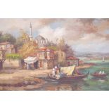 An oil on canvas, Turkish riverside wih mosque and figures boarding boats, signed indistinctly, 40½"