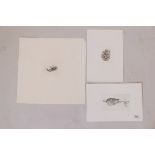 Takuji Kubo, artist's proof engraving, Dead Insect, 4" x 3", signed, another of a fish head and pine