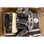 A box of six old cameras including Ensign, Zeiss, Minolta miniature etc