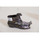 A cold painted bronze model of a boot with a cat and mouse, 4" high