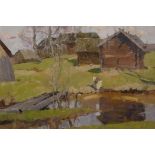 A Russian School oil painting, dwellings in a landscape with figures by a lake to foreground, signed
