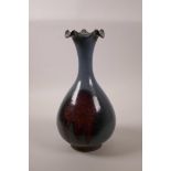 A Chinese Jun ware pear shaped vase with frilled rim, 12" high
