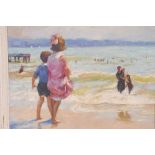 An impressionist style oil on canvas, children on a beach watching bathers in the sea, 21" x 17½"