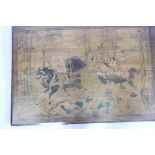 A large inlaid poker work wooden panel, depicting a hunting scene, 39½" x 27"