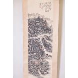 A Chinese watercolour scroll depicting a riverside landscape, 13" x 42"