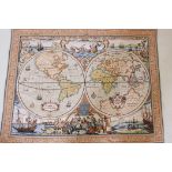 A Belgian art tapestry certificated copy of the Mappemonde, 42" x 30"