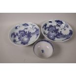 A pair of Chinese blue shallow dishes decorated with dragons, 8" diameter, and a blue and white