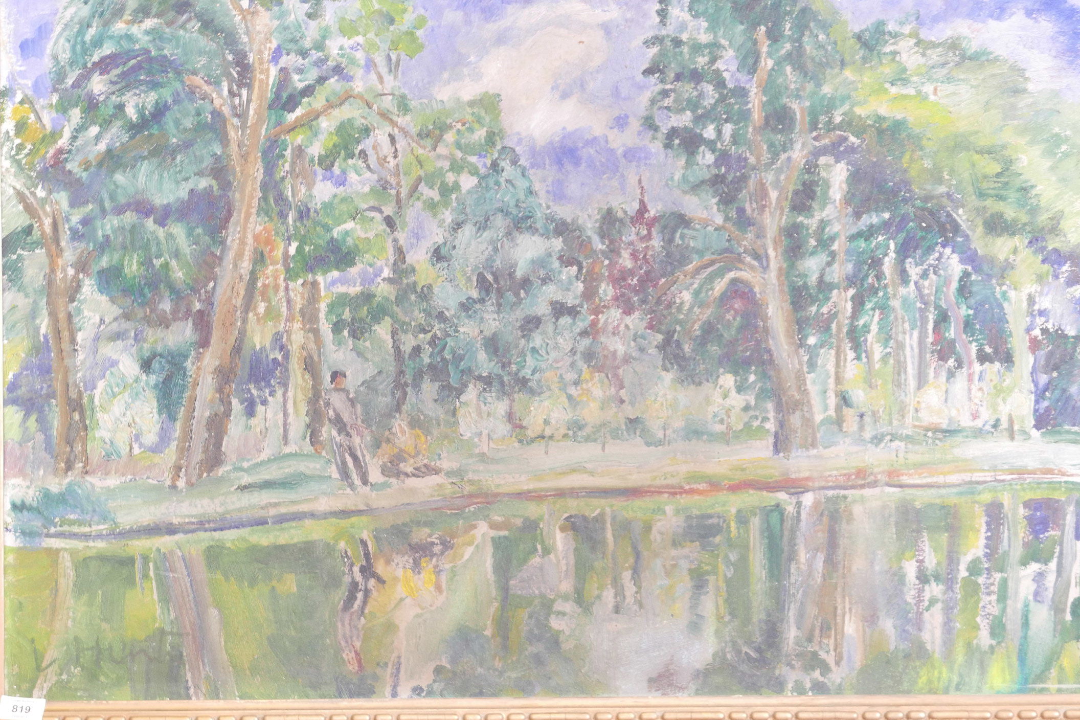 Oil on board, mid C20th landscape with figures by a lake, signed L. Hunt, 24" x 37"