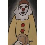 After Markey Robinson, gouache on card, portrait of a clown in yellow, 7½" x 11"